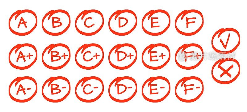 考试成绩集，手绘字母A, F，圈起来，做和不做标记。教育学校图形，红色等级从完美到不好，矢量素描标志
